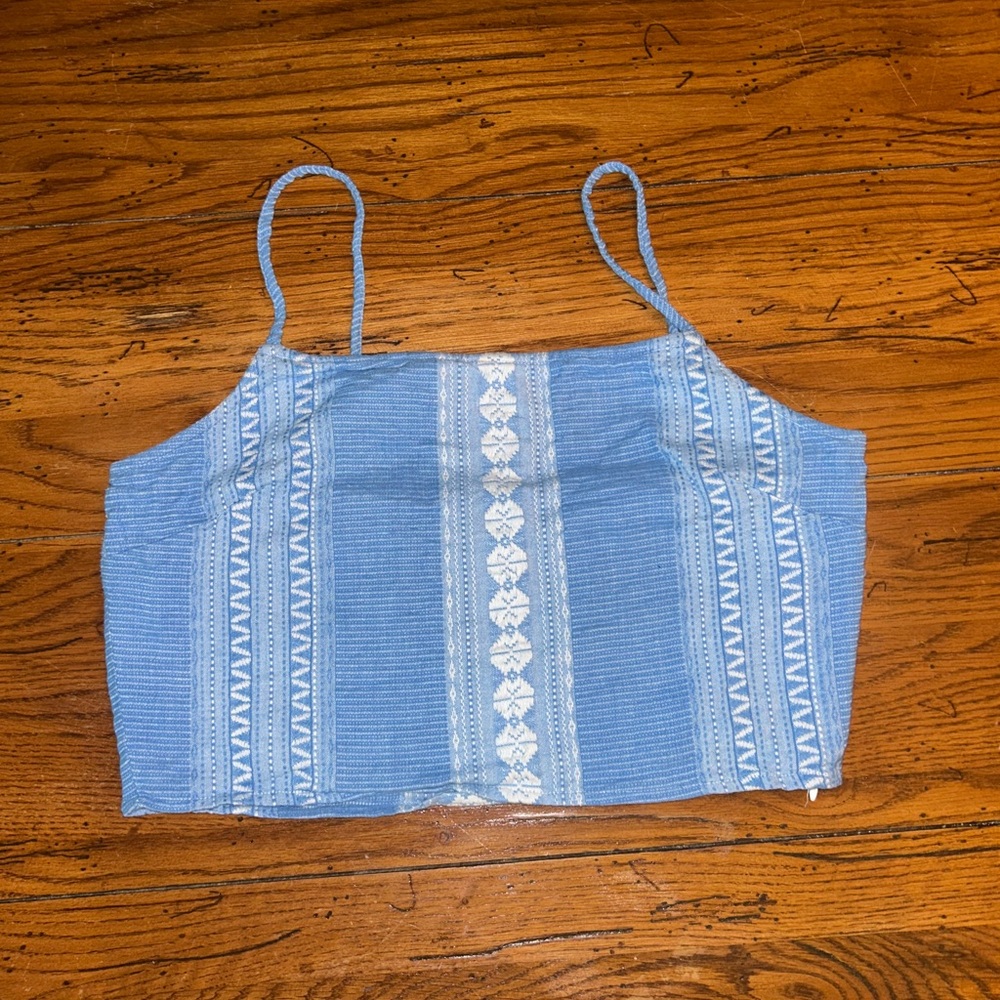 Lulu's Blue and White Embellished Crop Tank Top